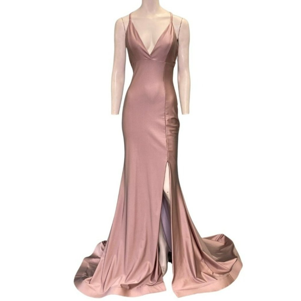 Jessica Angel 510 Cross Back V-Neck High Leg Slit Gown Blush Size Small NWT